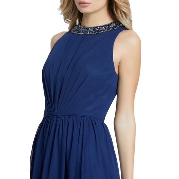 NWT $338 leena for Mac‎ Duggal [ 8 ] Embellished High Neck Pleated Gown Blue - Picture 2 of 15
